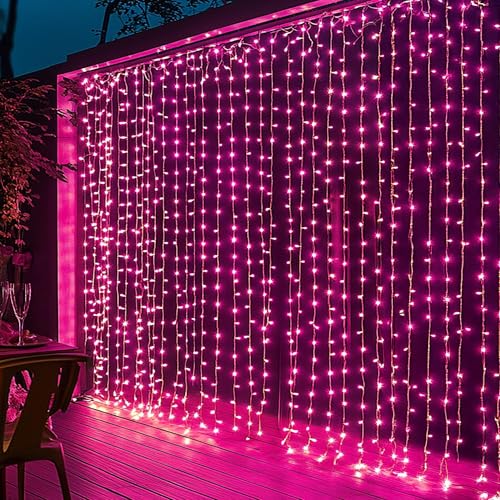 LED Curtain String Lights with 8 Modes Waterproof Indoor Outdoor Pink 9.8ft