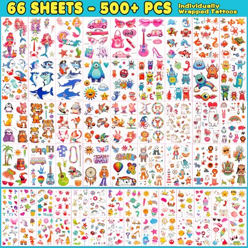 66 Sheets Temporary Tattoos for Kids, 500+ Fake Tattoos Stickers for Boys & Girls, Individually Wrapped Bulk Party Favors, Goodie Bag Stuffers (Mermaid, Unicorn, Monster, Shark, Animal)