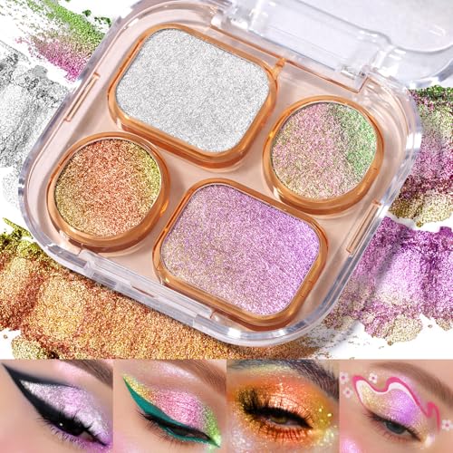 UCANBE Chameleon Shimmer Eyeshadow Makeup Palette, 4 Colors Metallic Glitter Multichrome Eye Shadow Pallet, High Pigmented Creamy Sparkling Duo Chrome Multidimensional Eye Make Up Kit