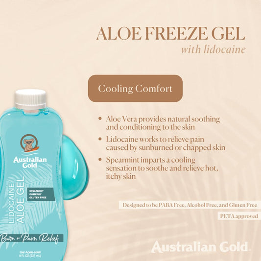 Australian Gold Aloe Vera with Ounce Relieves Sunburn Pain and Hot Itchy Skin, Aloe Freeze Spray Gel, Aloe Freeze Spray Gel w/ Lidocaine, 8 Fluid Ounce