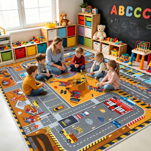 Kids Construction Site Play Rug 6x9 ft Brown Interactive Playroom Mat