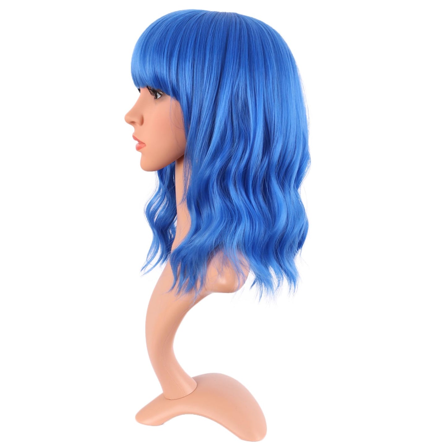 MapofBeauty 14 Inch/35 cm Short Wavy Curly Women Fresh Bright Synthetic Ordinary Flat Bangs Bob Wig (Blue)