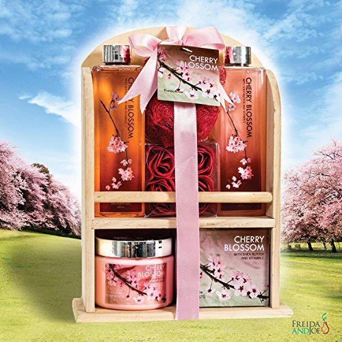Deluxe Cherry Blossom Spa Basket - Home Spa Set with Bubble Bath, Bath Salts, Body Lotion, Bath Puff, and Rose Soaps in Wooden Curio Gift ? Mother's Day Gift for Mom