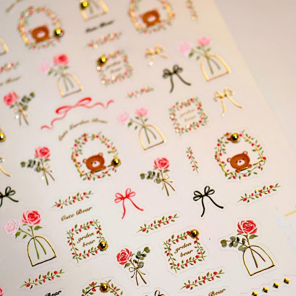 Gold Nail Art Stickers Decals Bear Flower Nail Stickers for Nails Art 5D Embossed Nail Decals Self Adhesive Manicure Supply Charms for Women Girls Kid Nails DIY Decoration