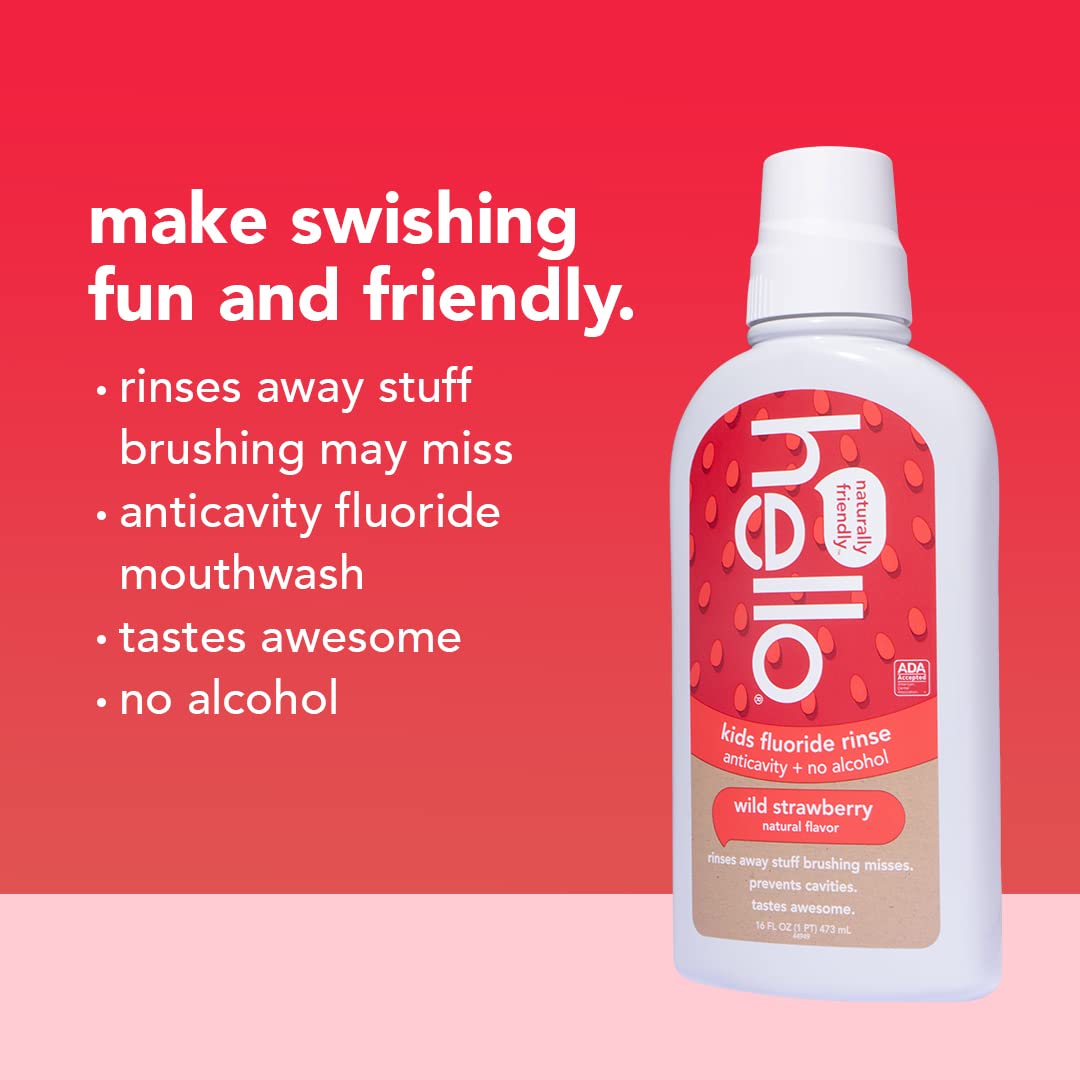Hello Kids Wild Strawberry Natural Flavor Anticavity Fluoride Rinse - Vegan, Alcohol Free, and SLS Free Mouthwash for Children Age 2 and Up - 16 Ounce (Pack of 3)