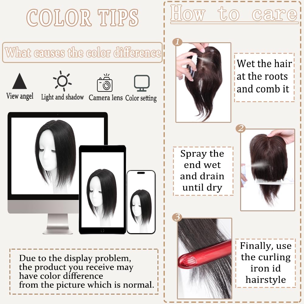 HVVZOY Hair Toppers for Women Real Human Hair， 360°3D Big Basement Cover Topper for Women with Thinning Crown with Side Clip in Bangs Realistic Scalp (1B, Side 14INCH)