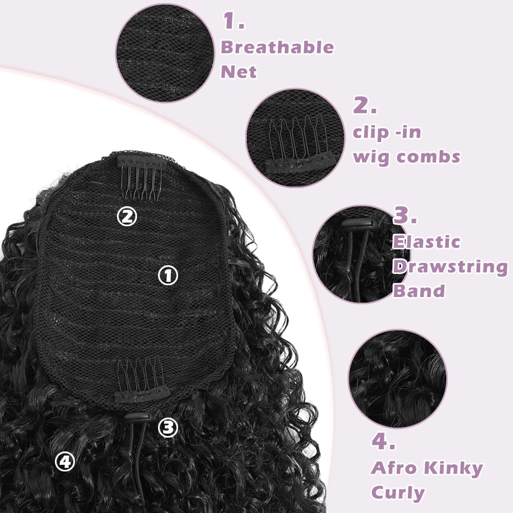 Drawstring Ponytail Extension for Black Women Deep Curly 20 Inch Afro Kinky Curly Clip in Pony Tails Hair Extensions Curly Synthetic Soft Fluffy Ponytail for Daily Use