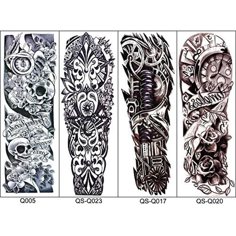 18.9x6.7 8 Sheets Extra Large Temporary Fake Tattoos Set for Men and Women, Full Arm Tattoo Sticker Skull Flower Paper Decal Fake Tattoos Sleeve DIY Black Body Art Sticker, Black 1