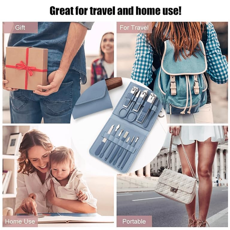 12-Piece Professional Nail Clipper Set - Stainless Steel Manicure & Pedicure Kit with Folding Case, Complete Nail Care Tools (Blue)