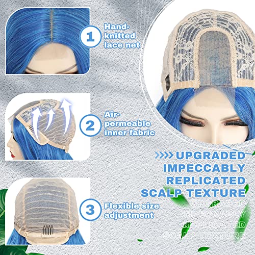 BUPPLER Blue Long Wavy Cosplay Wig 28 Inch Middle Part Synthetic Hair for Women