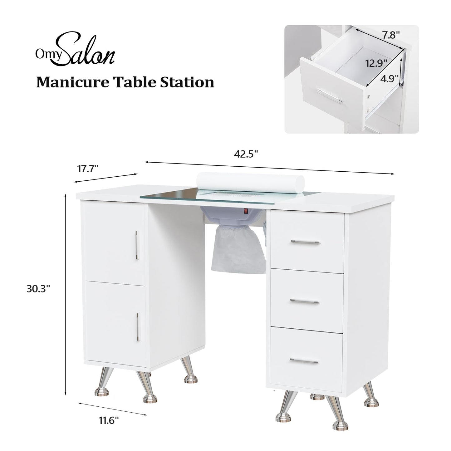OmySalon Manicure Table Nail Desk for Nail Tech w/Glass Top & Wrist Rest, Beauty Salon Nail Supplies Decor Workstation Acetone Resistant w/2 Side Cabinet+3 Drawers, White