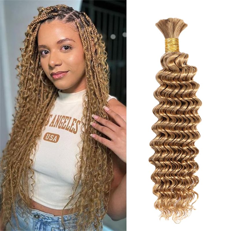 Human Braiding Hair For Braids Honey Blonde Deep Wave Bulk Human Hair For Braiding No Weft 12A Human Hair Braiding Hair Extensions 14 Inch 50g/1Bundle Wet And Wavy Human Braiding Hair