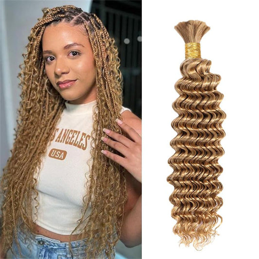 Human Braiding Hair For Braids Honey Blonde Deep Wave Bulk Human Hair For Braiding No Weft 12A Human Hair Braiding Hair Extensions 14 Inch 50g/1Bundle Wet And Wavy Human Braiding Hair