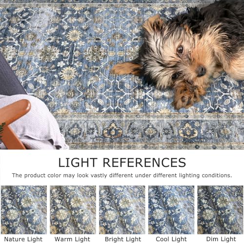 KUTA Vintage Washable Hallway Runner Rug 2.6x16 Feet Blue Grey Beige - Non-Slip, Durable, Kid & Pet Friendly