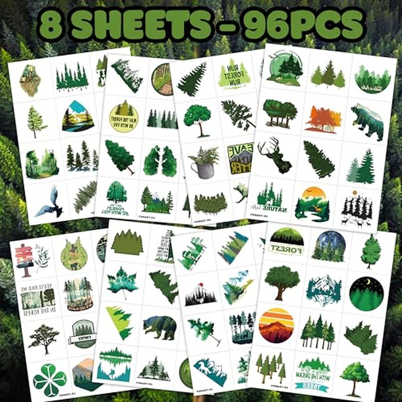 96 PCS Forest Pre-Cut Temporary Tattoos Birthday Party Decorations Favors Supplies Decor Forest Tree Animal Adventure Nature Themed Stickers Gifts For Girls Boys Classroom School Prizes Reward