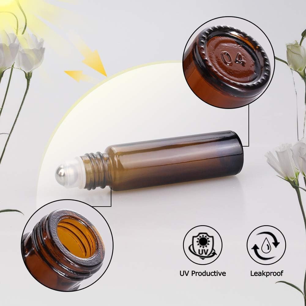 Sungwoo 10ml Amber Glass Essential Oil Roller Bottles Stainless Steel | 12 Pack, Roller Bottles, with Caps, for Travel, Perfume, Lip Gloss
