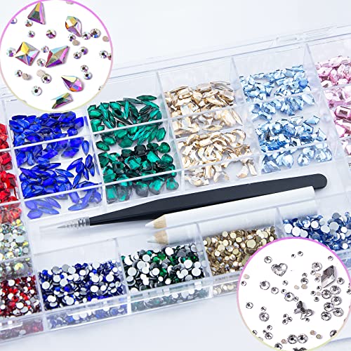 3820 Pcs Rhinestones for Nails, Red Emerald Green Royal Light Lake Blue Gold Nail Rhinestones Crystals Multi Shaped Sized Flatback Nails Glass Gems Crystals for Nails DIY Crafts