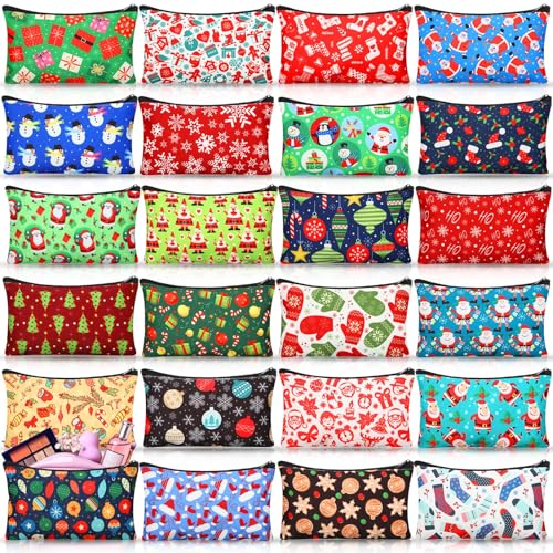 24 Pieces Makeup Bags Bulk Canvas Cosmetic Bags Purse Organizer Zipper Cosmetic Pouch Portable Travel Toiletry Pouch for Women Men Gifts, 7 x 4 Inch (Christmas)