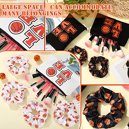Basketball Theme Makeup Bags & Satin Hair Scrunchies Set - Girl's Gift (Black, White, Multicolor)