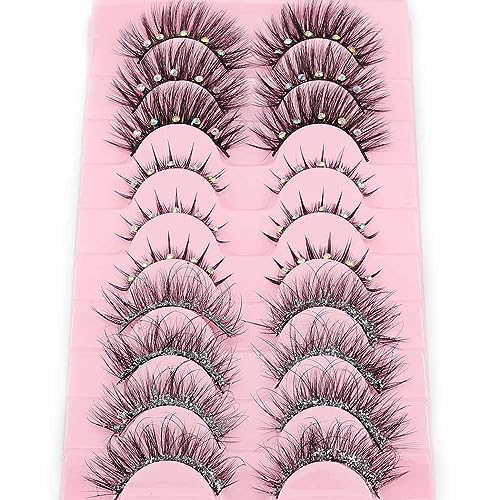 Uranian False Eyelashes with Glitter Natural Look Faux Mink Lashes Fluffy Wispy Fake Eyelashes Thick Lash Clusters Eye Lash Extension Luxury Rhinestone False Eye Lashes for Women (10 Pairs)