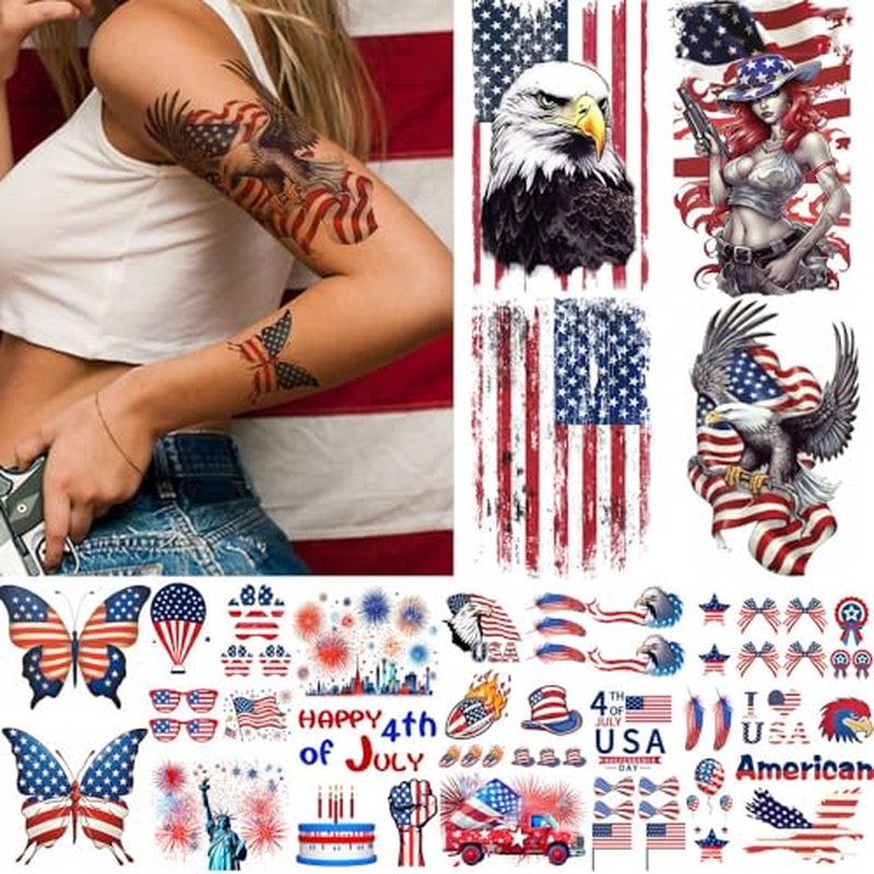 4th of July Tattoos Half Arm Independence Day Fake Tattoo Face Tattoos American Flag Temporary Tattoos for Men Women Kids Party Favor,Half Arm Tattoo