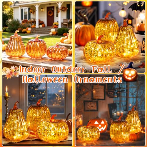 Orange Mercury Glass Pumpkin Light Set - 3 Pack Fall Halloween Porch Decor