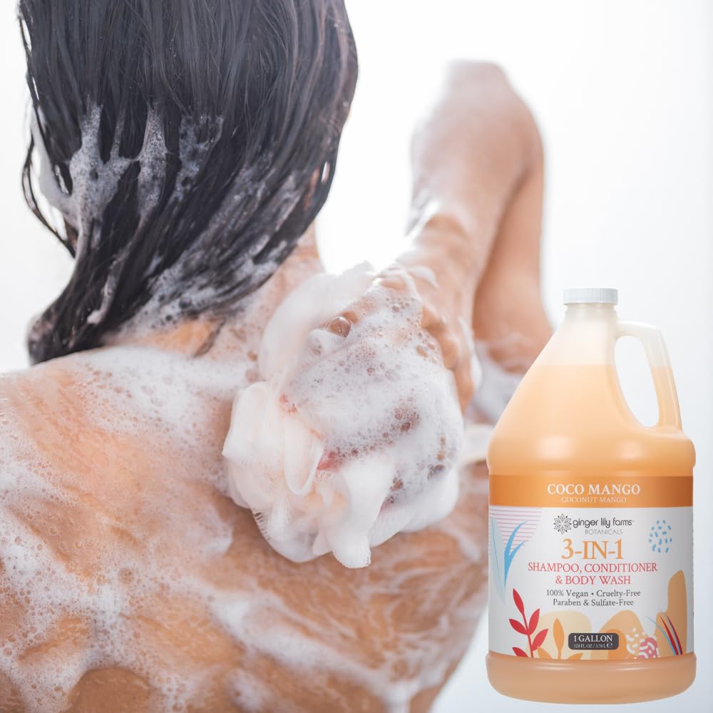 Ginger Lily Farms Botanicals 3-in-1 Shampoo, Conditioner & Body Wash, Coco Mango, 100% Vegan & Cruelty-Free, Coconut Mango Scent, 1 Gallon (128 fl oz) Refill