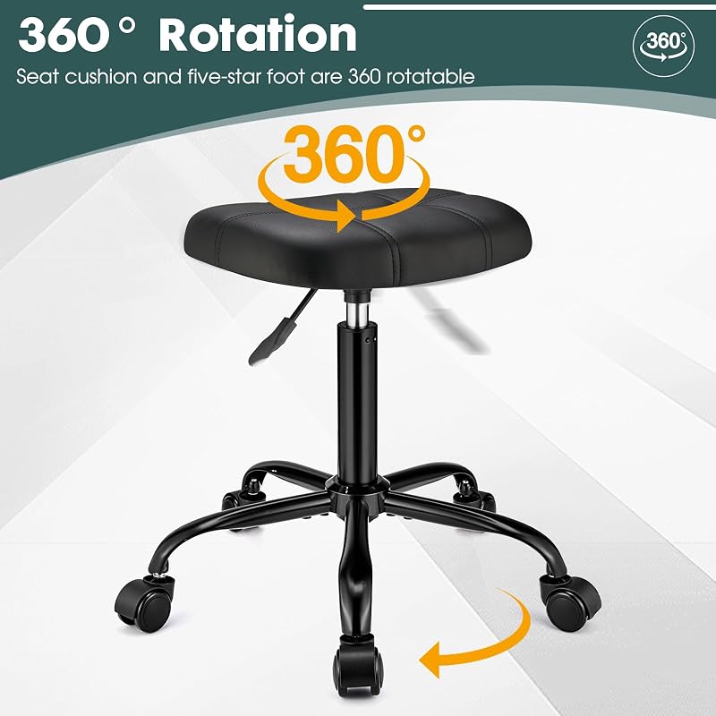 Height Adjustable Rolling Stool with Wheels - Square PU Leather Salon Chair, 19.6-25.5 in