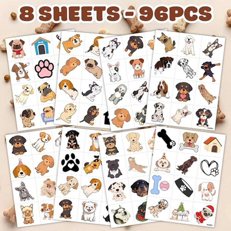 96PCS Cute Puppy Pre-Cut Temporary Tattoos for Kids - Cute Dog-Themed Party Favors & Gifts, Perfect for Birthday Parties, Classroom Rewards, and Christmas Stocking Stuffers
