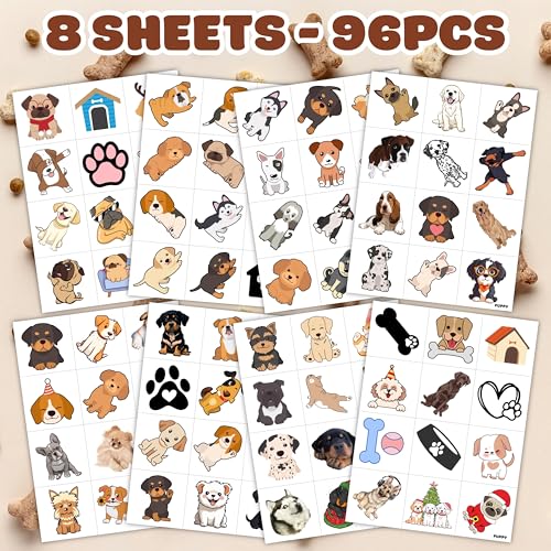 96PCS Cute Puppy Pre-Cut Temporary Tattoos for Kids - Cute Dog-Themed Party Favors & Gifts, Perfect for Birthday Parties, Classroom Rewards, and Christmas Stocking Stuffers