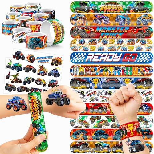 48PCS Monster Truck Party Set - 24PCS Temporary Tattoos & 24PCS Slap Bracelets - Off-Road Birthday Supplies, Baby Shower Gifts, Classroom Rewards & Party Decor for Kids (Boys & Girls)