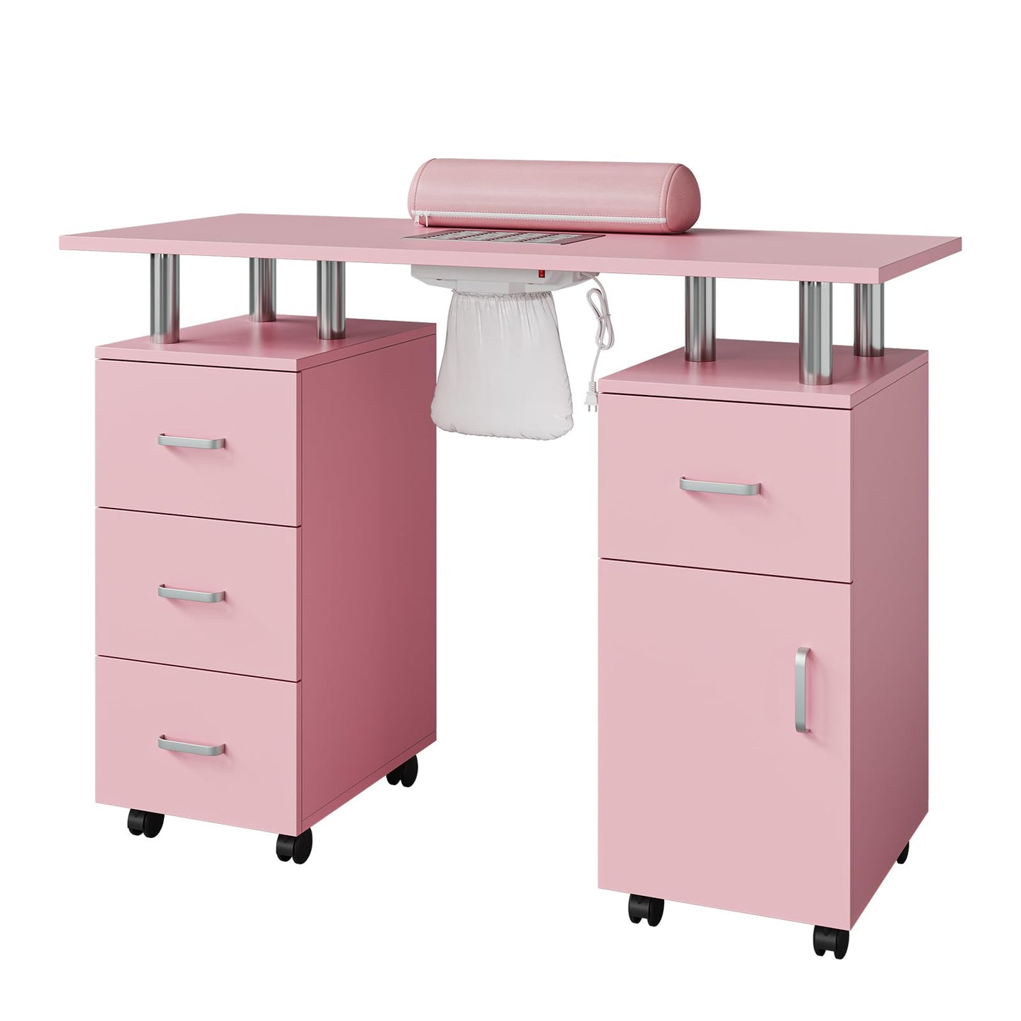 PeacefulHues Manicure Table Nail Desk, Nail Station with Electric Dust Collector, Wrist Rest and Storage Drawers Cabinet, Beauty Salon Workstation for Nail Tech, Pink