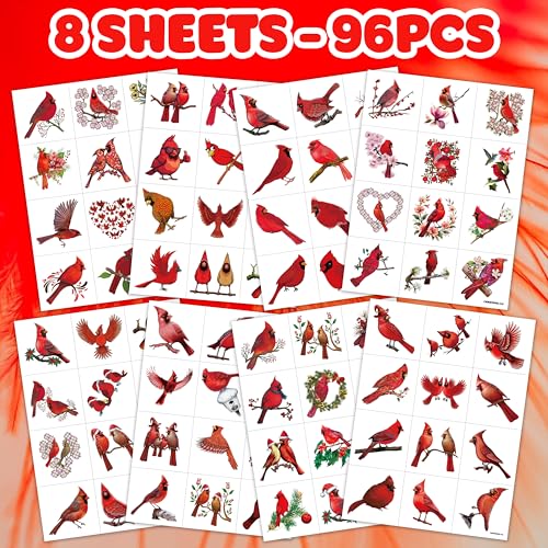 96 PCS Winter Christmas Red Cardinal Bird Pre-cut Temporary Tattoos Stickers Themed Party Supplies Birthday Decorations Favors Cute Fake Tattoo Gifts for Kids Girls Boys Decor School Reward