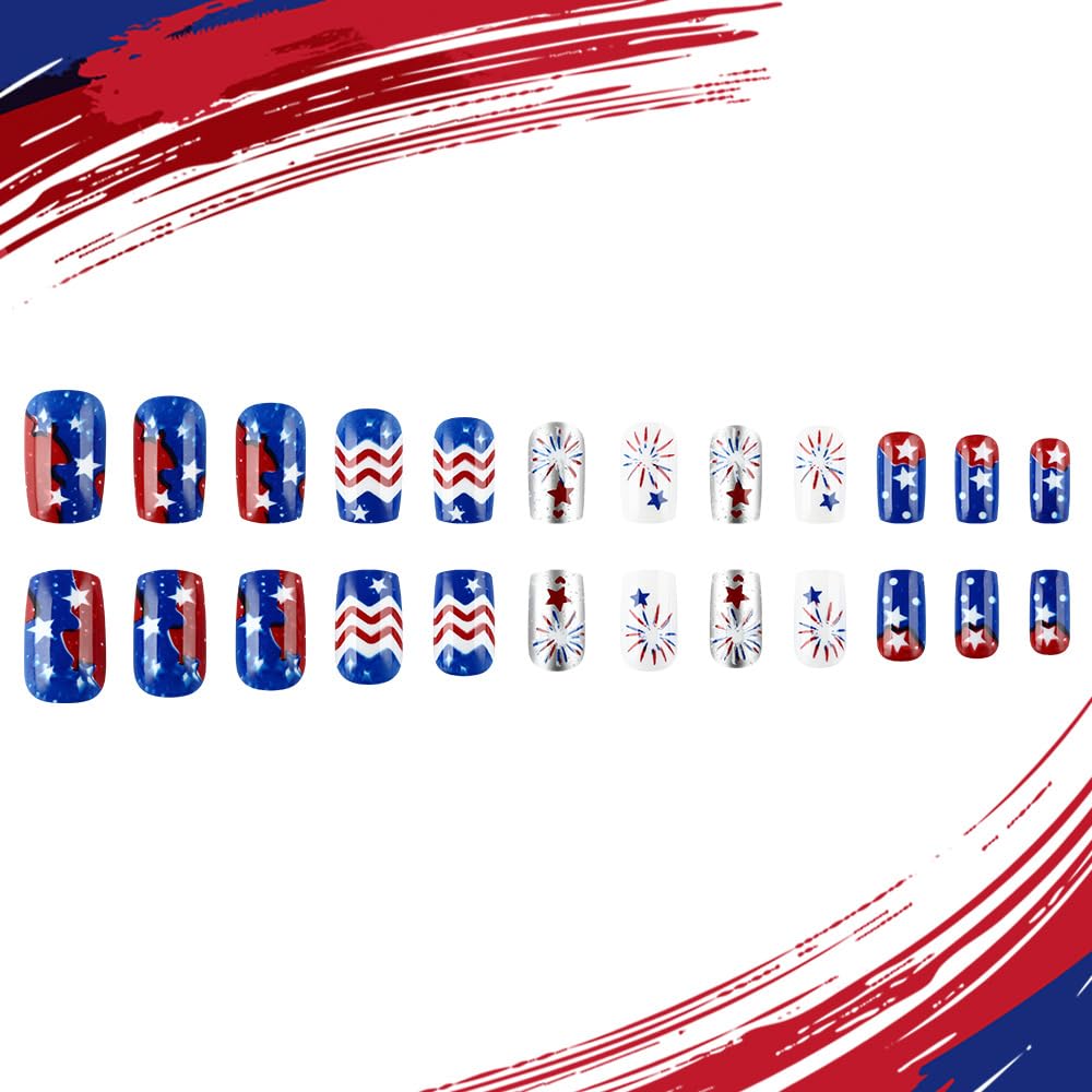 24 Pcs 4th of July Press On Nails Short Square,YEFIUO Blue Silver White Fake Nails Press ons Nail Art Tips Acrylic Nail Kit Glue on Nails Full Cover False Nails with Independence Day Design for Ma'am
