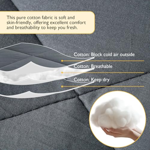 Grey Queen Size Cotton Comforter All Seasons - 100% Natural Fill, Lightweight & Breathable