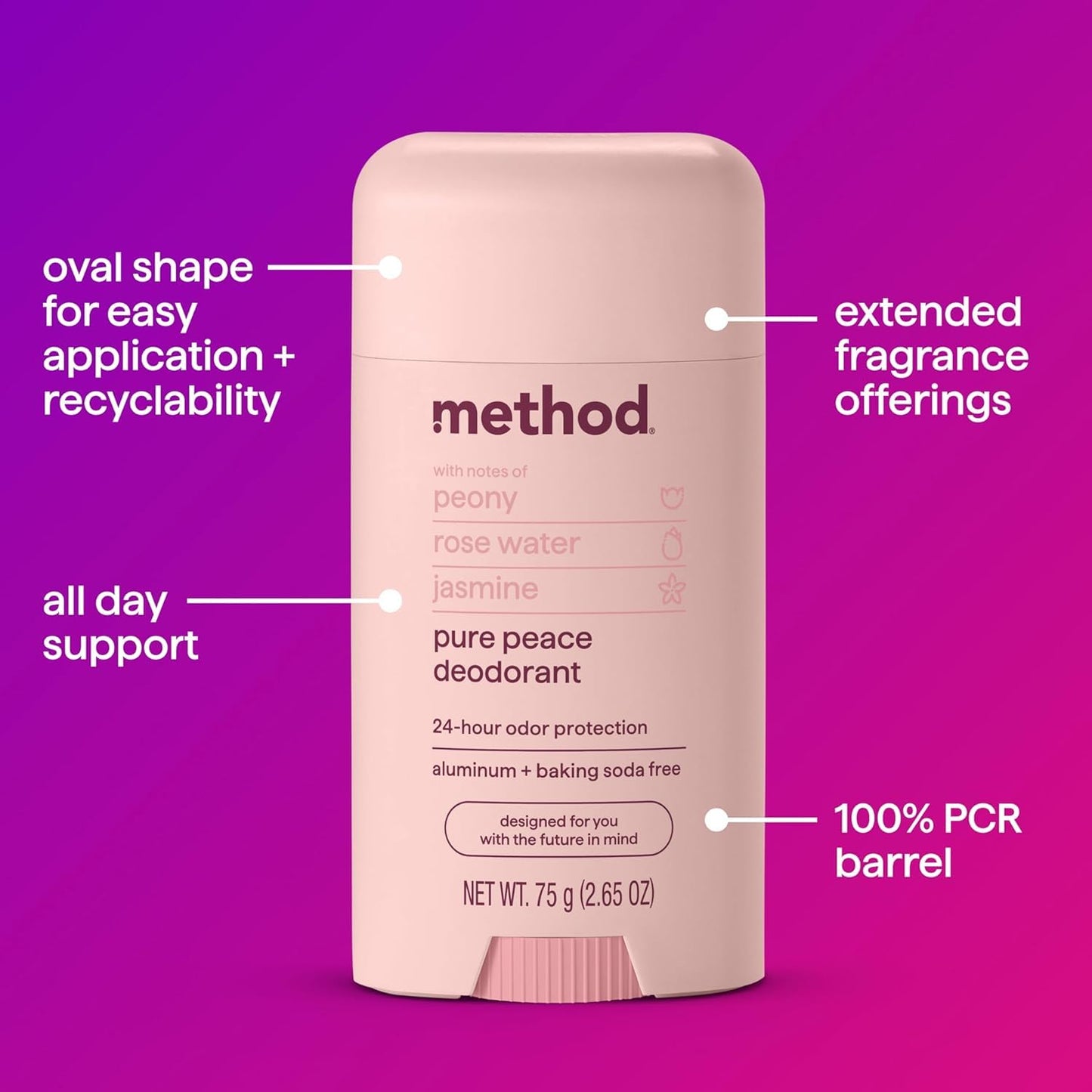 Method Deodorant, Pure Peace, Rose Water, Peonies + Pink Sea Salt notes, 24 Hour Odor Protection, 2.65 oz