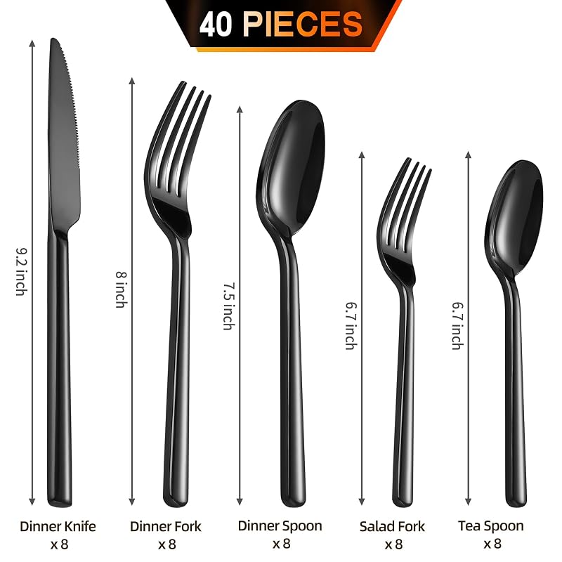 40-Piece Black Flatware Set for 8 - Heavy-Duty 18/0 Stainless Steel Silverware with Round Handles - Mirror Polished & Dishwasher Safe - Variation: Black+40