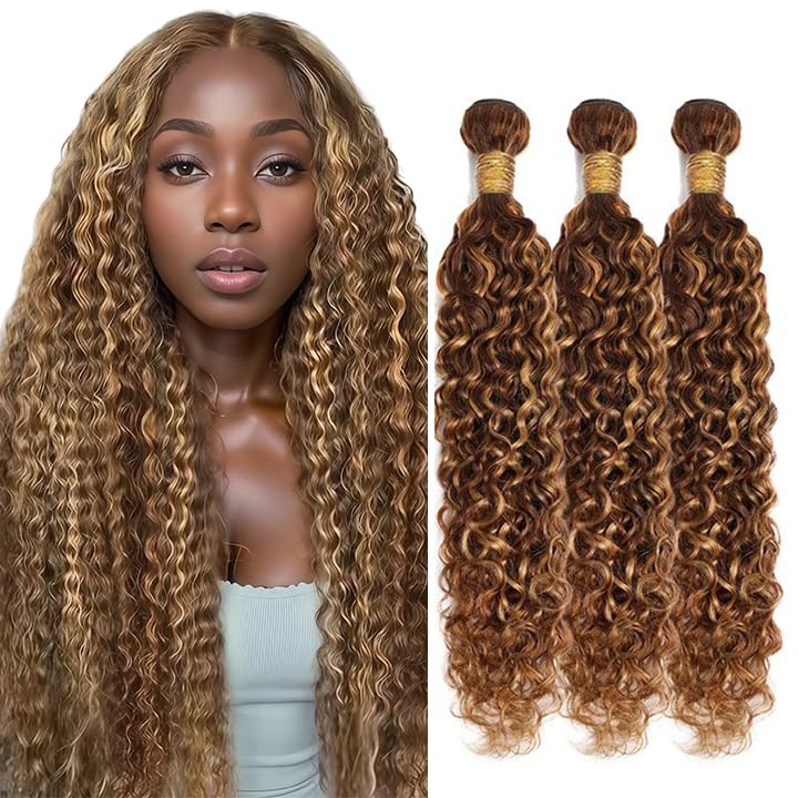 Aonbamds P4/27 Highlight Brown Water Wave Human Hair Extensions 14-18 Inch 3 Bundles