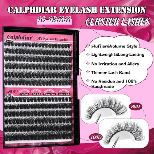 Calphdiar Lash Clusters 80D+100D Thick Eyelash Clusters D-curly Cluster Eyelash?Extensions Russian Cluster Lashes Wispy Lashes Clusters 234pcs False Mink Eyelashes 10-18mm DIY Lash Extension