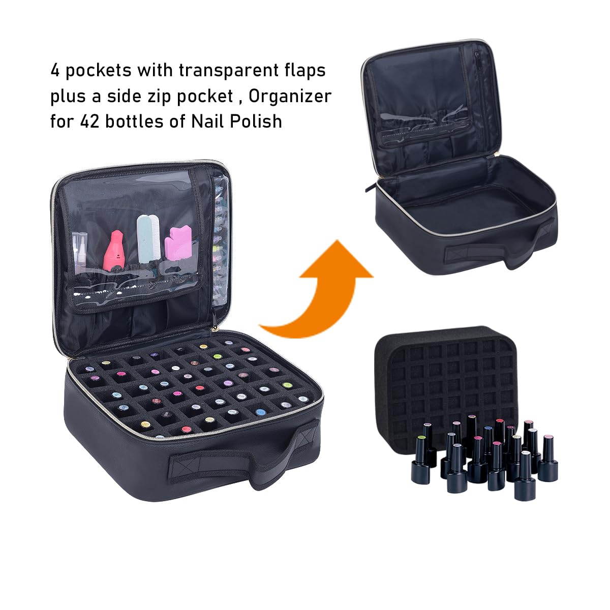 YAHOURWAT Nail Polish Organizer Case - PU Leather Portable Cosmetic Bag Hold 42 Bottles (15 ml/0.51 floz) with Removable Partition (Black)