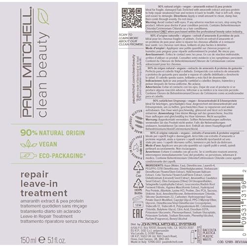 Paul Mitchell Clean Beauty Repair Leave-In Treatment, Leave-In Conditioner, Restores Strands, For Damaged, Brittle Hair, 5.1 fl. oz.