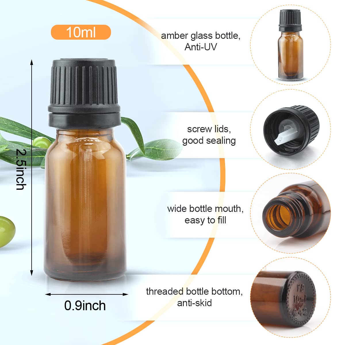 BOSMIOW 10 ml(1/3 oz) Sample Glass Bottles For Essential Oils 20 Pcs Empty Glass Dropper Vials With Orifice Reducers For DIY Perfume Aromatherapy Fragrance Cosmetic Oils (amber)