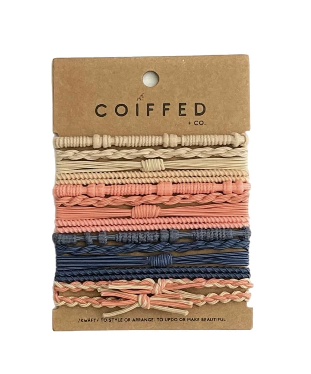 Coiffed + Co. Stacked Bracelet Hair Ties (Color: Linen, Peach, Navy) 14 Count, Hair Ties for Women, No Damage Hair Elastics, Hair Bands, Ponytail Holders, Ties for Thick and Thin Hair, Holiday Gift