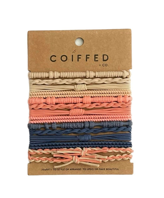 Coiffed + Co. Stacked Bracelet Hair Ties (Color: Linen, Peach, Navy) 14 Count, Hair Ties for Women, No Damage Hair Elastics, Hair Bands, Ponytail Holders, Ties for Thick and Thin Hair, Holiday Gift