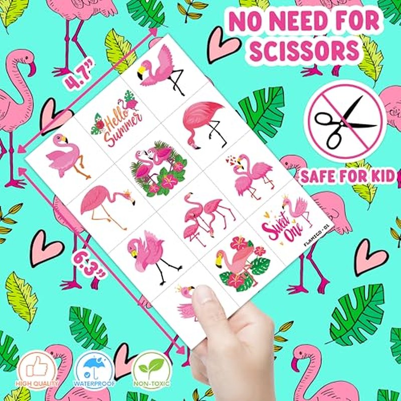 96 PCS Funny Cute Flamingo Summer Hawaiian Luau Pre-Cut Temporary Tattoos for Kids | Super Cute Themed Birthday Party Favors, Supplies, Decorations, Fake Tattoos, Rewards Gifts Boys Girls