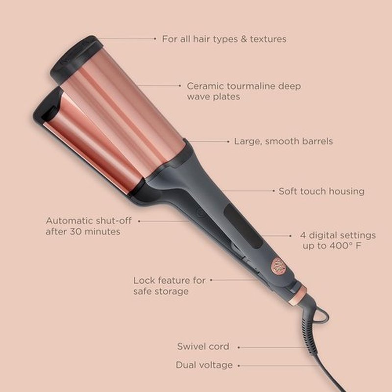 Hairitage Catch The Wave Curling + Crimping Iron - 3 Barrel Ceramic Tourmaline Pink Curler + Crimper - Beach Waves + Curls - Reduce Frizz + Increase Shine - All Hair Types + Textures