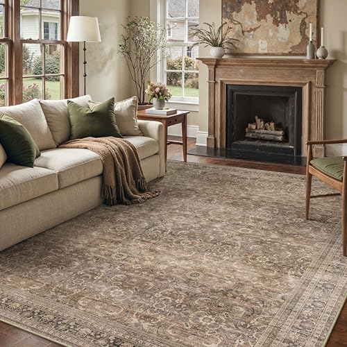 Vintage Distressed Washable Area Rug - 6x9 ft Brown Low Pile for Living Room