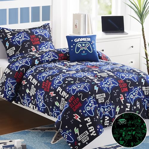Kaleido Space Gamer Full-Size Bedding Set - Glow in the Dark 4-Piece Comforter Shams