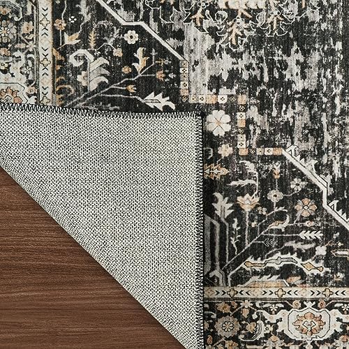 RUUGME 8x10 Black Washable Area Rug Vintage Style Non Slip Carpet for Living Room and Bedroom
