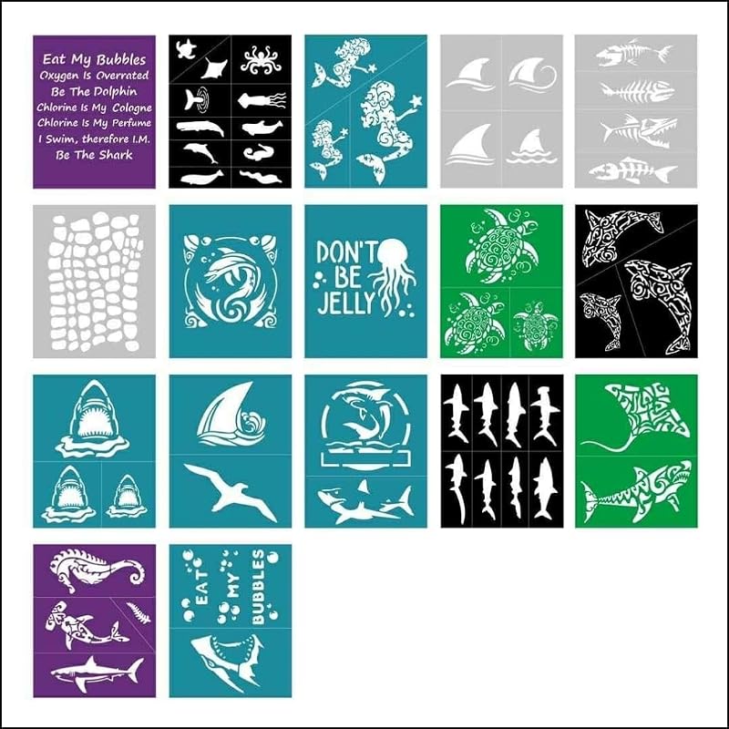 Swim Themed Kids Stencil Kit — Reusable Body & Face Tattoo Stencils, 17 Sheets